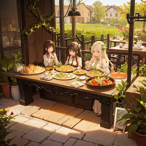 during daytime、flowery garden、The table on which the dishes are placed is located in the center、buffet、Hamburger、pasta、salad、sweets、black tea、wining、Warm sunshine、Delicious looking meals、Laid out on the table、colourfull、cute little、Looks delicious