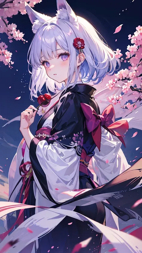 masterpiece, highest quality, highest quality, high resolution　silver hair　fox ears　beautiful boy　purple eyes　black kimono　upper...