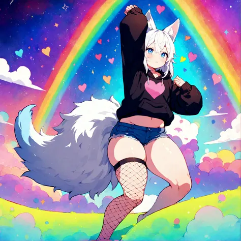 a cute adult male with wolf ears, white hair, has a wolf tail, wearing a loose cropped oversized black hoodie, wearing a pair of denim short shorts and fishnet stockings, thick thighs, wide hips, relaxing on mound of fluffy multi colored kawaii plushies, s...