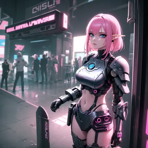 masterpiece, best quality, detailed, 1girl elf wearing metal armored dress, pink hair, mature, bobcut, blue eyes, midriff, adjusting_hair(cyberpunk)