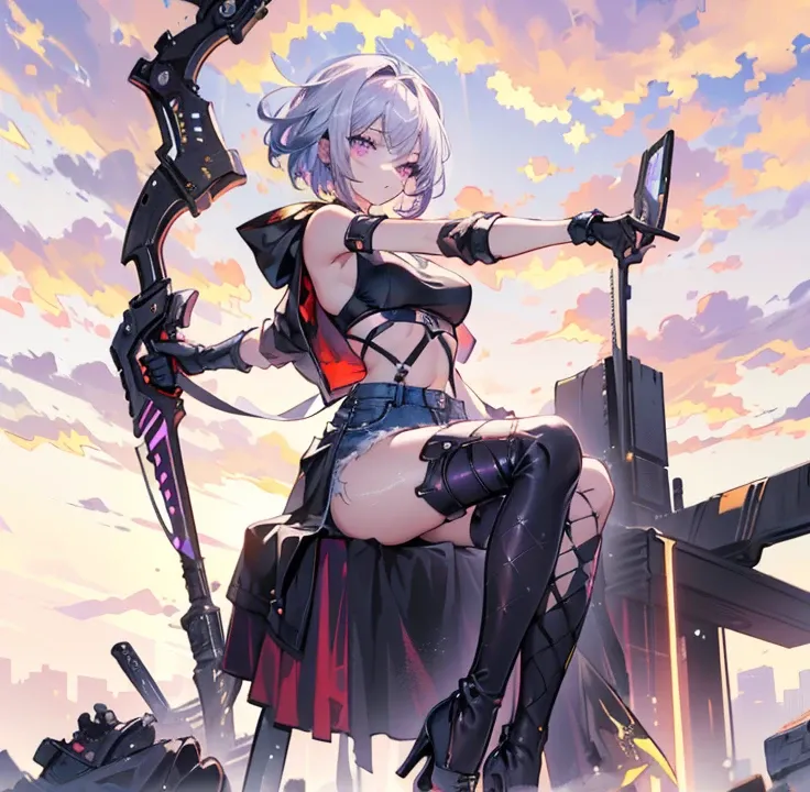 (masterpiece, top quality), one girl, young girl, youth, medium breasts, sunset, evening, short hair, silvery-purple hair, darker purple eyes, holding a pair of unique pistols, jagged, black crop top, hood, denim shorts, bandages on right arm, and left leg...