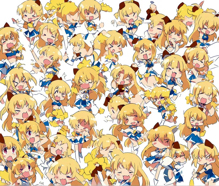 there is a blonde anime girl in a blue and white cheerleader outfit holding a yellow pom pom, cheering, have cute brown dog ears, white background : 3, pixiv 3dcg, a-pose, misa amane *, full_body!!, anime pose, distorted pose, cel shaded!!!, at pixiv, ( ( ...