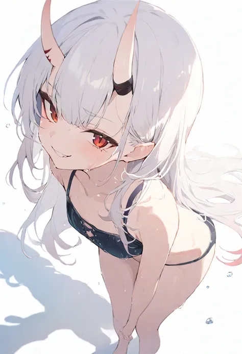 (masterpiece), (best quality), perfect face, beautiful girl, white background background, delicate and beautiful face and eyes, dark intense shadow, 
1 girl, vtuber style, cool girl, hololive, NakiriAyame, oni horns, long hair, bikini, wet body, small ches...