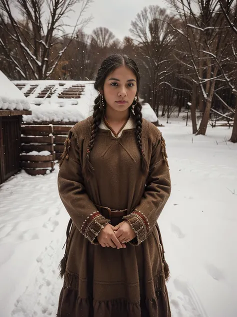 Year: 1841. Location: Illinois. Pre-Raphaelite scene with a 18-Year-old sauk native american woman, Indian village, Wigwams,, winter, snow, ((((Clothing from the 1830s)))) ((1830s hairstyle)), ((("MISS" cinematography)))