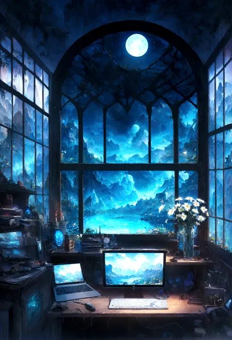 on the desk、No people、Tablet、liquid crystal、moon、PC Monitor、liquid crystalTablet、smartphone、wall、Dark atmosphere、Blue Neon、Blue Star、keyboard、Vocal Microphone、headphone、Large windows、scenery、white flowers and a laptop on a desk in front of a window, a digi...