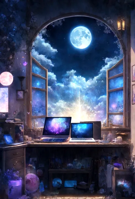 on the desk、No people、Tablet、liquid crystal、moon、PC Monitor、liquid crystalTablet、smartphone、wall、Dark atmosphere、Blue Neon、Blue Star、keyboard、Vocal Microphone、headphone、Large windows、scenery、white flowers and a laptop on a desk in front of a window, a digi...