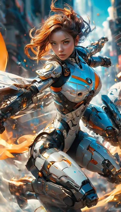 a futuristic female warrior in high-tech mechanical armor, huge mech armor with open face and visior, full body shot, holding a high-tech weapon, in an immersive sci-fi city background, detailed face, intricate armor details, dramatic lighting, cinematic c...