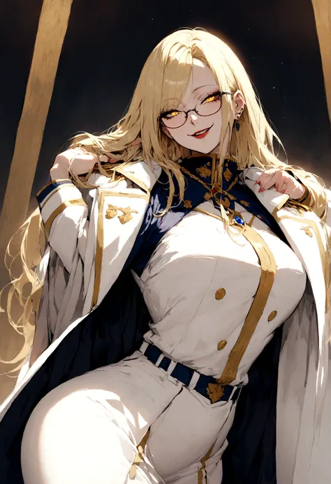 tall woman, volumptious body, long blonde hair, glasses, seductive smile, evil smile, evil eyes, piercing yellow eyes, white military uniform, white coat hanging on the shoulder, navy blue shirt under the uniform