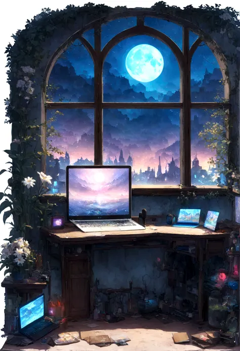 on the desk、No people、Tablet、liquid crystal、moon、PC Monitor、liquid crystalTablet、smartphone、wall、Dark atmosphere、Blue Neon、Blue Star、keyboard、Vocal Microphone、headphone、Large windows、scenery、white flowers and a laptop on a desk in front of a window, a digi...