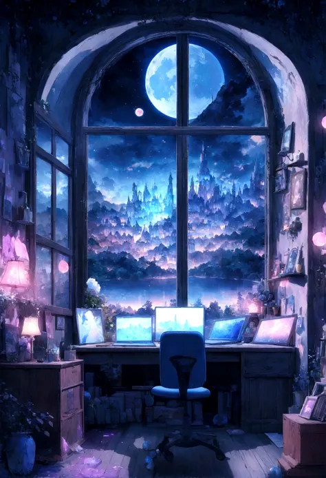 on the desk、No people、Tablet、liquid crystal、moon、PC Monitor、liquid crystalTablet、smartphone、wall、Dark atmosphere、Blue Neon、Blue Star、keyboard、Vocal Microphone、headphone、Large windows、scenery、white flowers and a laptop on a desk in front of a window, a digi...