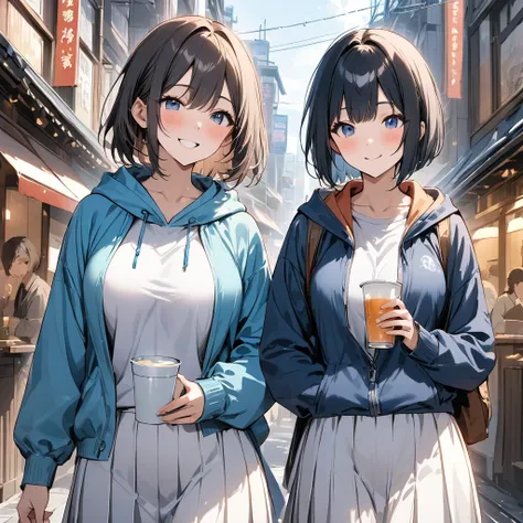 (masterpiece,best quality:1.2), (illustration:1.2),1 Married woman,45-year-old woman, Black Hair, Bobcut, , Normal size breasts, Blue hoodie, White Skirt, Downtown Japan、smile