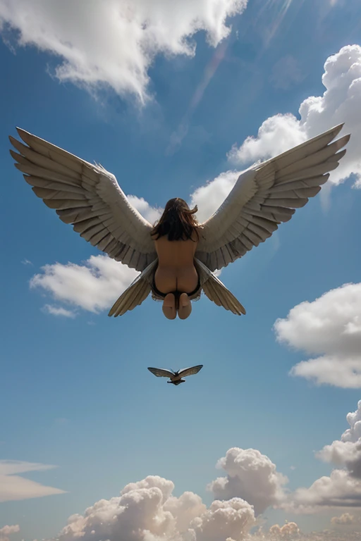 a beautiful car with wings flies across the sky with clouds