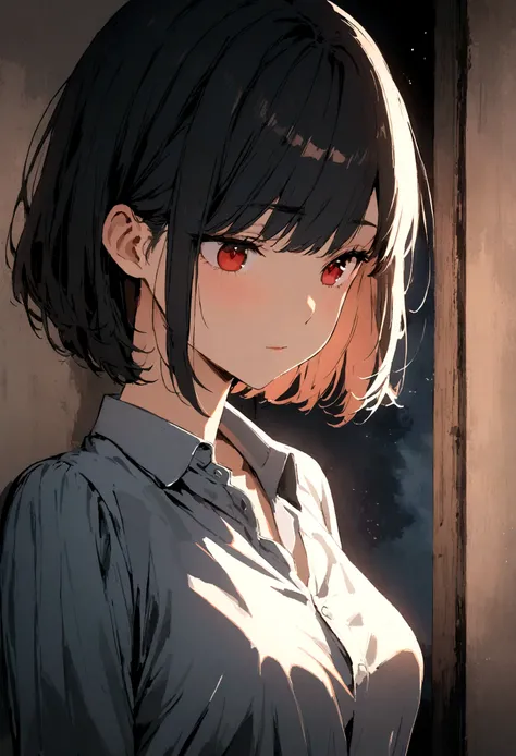 8k,illustration,short hair,,Black hair,Black_hair,Red Eyes,,Dress Shirts,Solitary,1 Girl,best quality, Flirting eyes,Super detailed,