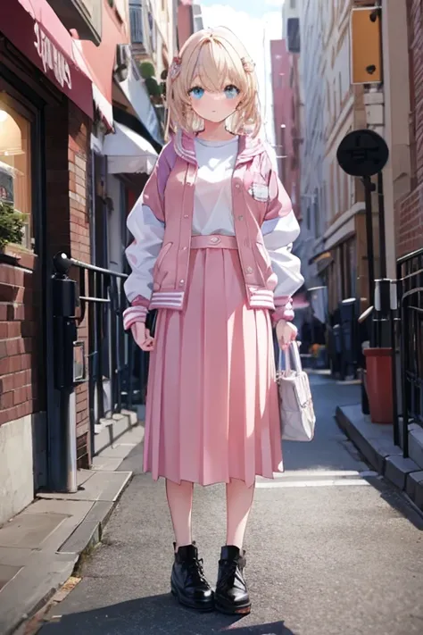 pink letterman jacket, long skirt, Muffler, full body