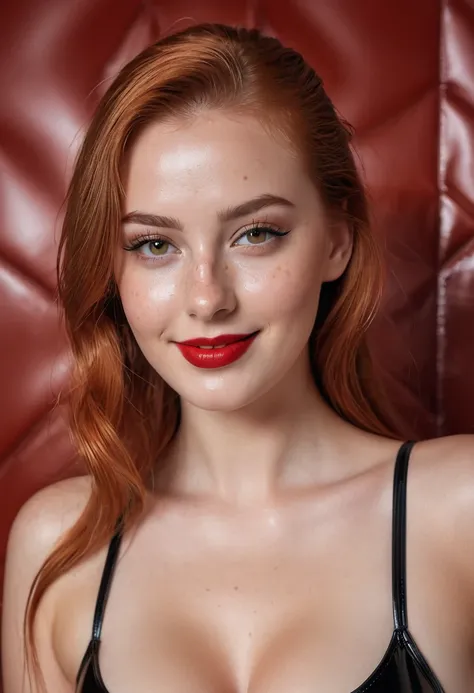 hyperrealistic beautiful busty 19-year-old woman with long legs wearing latex string swimsuit , model shooting full body photography, natural redhead classic bun, freckles, soaky wet skin, dark eye makeup with eyeliner, seductive smile, red lips, 8K, Best ...