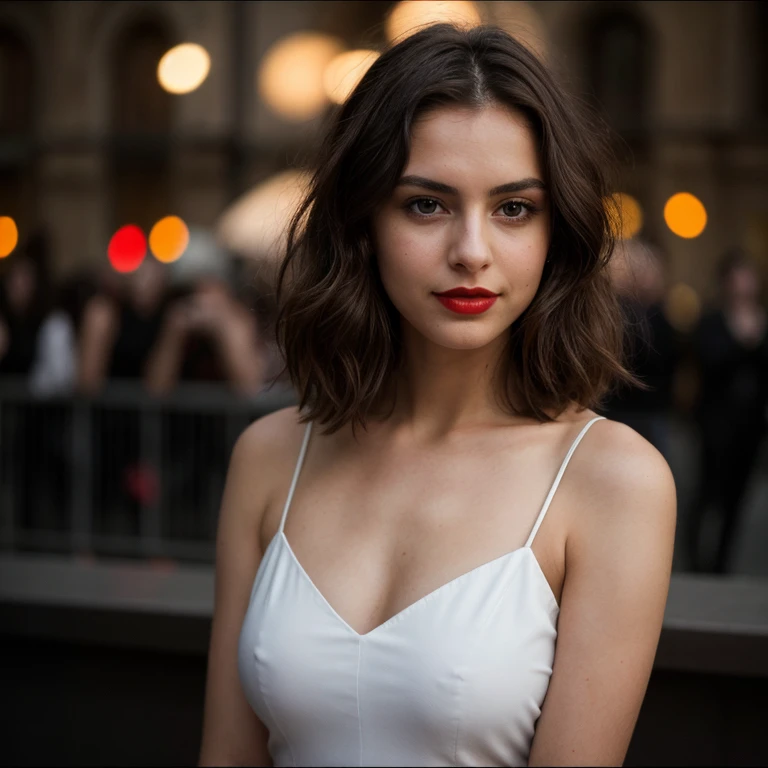 half-Body photo of an attractive Italian woman, 22 years old, name Mirabella,  flashing (breasts: 1. 0), v-neck white blouse top, female , Tall, Slim, Oval Face, Dark Skin, Brown Hair, blue Eyes, Short Nose, Full Lips, Prominent Chin, Shoulder Length Hair,...