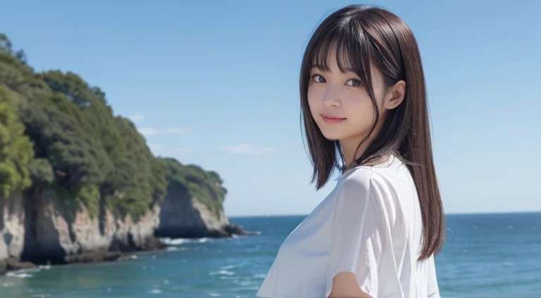 8K、Detailed Description、Very high definition、Realistic、reality的、Real、live-action、reality、High resolution、Nogizaka46、japanese idol,beautiful girl、21 years old、Dark brown eyes、sunny、summer、blue sky、View of the sea、Are standing、Back view、look back、smile,close...