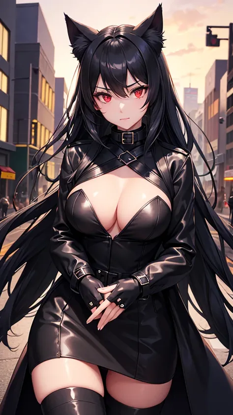 Detailed facial details，1 girl、Cat ear，Black long hair, Wear a black mask，Large Breasts，Wearing a black trench coat，Black over the knee boots，Charming red eyes, Shy expression，Slim，Handcuffs，Collar，Radiant Skin，Facial details are very detailed, walk，nightt...