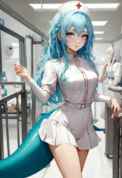 White_Nurse_,White_Nurse_skirt,absolute_Liang Kee,Hospital,beautiful_hair,shark_tooth,shark_Tail,Light_blue_Eye,1_beautiful_girl,Lovely_Face,beautiful_Face,最OK_quality,OK_anatomy,beautiful