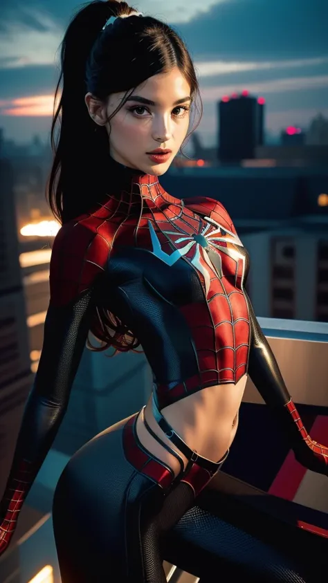 ((Emily Willis is suspended in spider webs)), (((exposed breasts, show nipples))), unzipped:1.2, bright eyes, ((costume is unzipped from her chest to her bellybutton)), smile, Beautiful woman detailed defined body, ((spider man cosplay)), small breasts, ((...