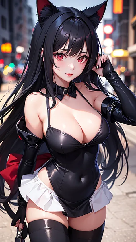 Detailed facial details，1 girl、Cat ear，Black long hair,Red lips，Large Breasts，Wearing a blue striped sailor suit，White over the knee boots，Charming red eyes, Shy expression，Slim，Handcuffs，Collar，Radiant Skin，Facial details are very detailed, walk，nighttime...