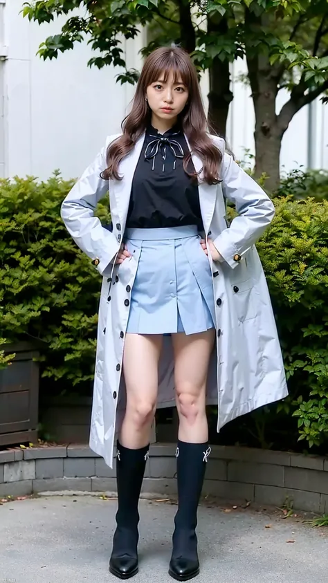 (8k、RAW Photos、highest quality、masterpiece:1.2)、(Realistic、Realistic)、1 girl、((Light blue coat、Black Mini Skirt、Ribbon on chest、Knee socks、、Big Breasts、boots、whole body、garden、View from the front、Looking into the camera、Standing with hands on hips))、