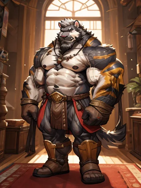 A burly, virile, and hairy dwarf, exuding the irresistible charm of a himbo muscle daddy. His middle-aged features, adorned by a long, bushy beard and a thick mustache, reveal a life of experience and adventure. His body, sculpted  into a warriors build an...