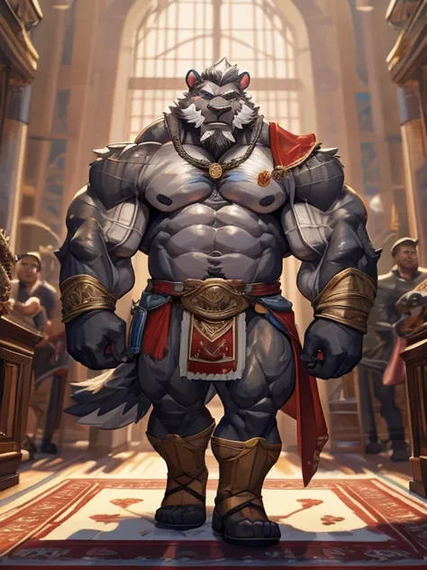 A burly, virile, and hairy dwarf, exuding the irresistible charm of a himbo muscle daddy. His middle-aged features, adorned by a long, bushy beard and a thick mustache, reveal a life of experience and adventure. His body, sculpted  into a warriors build an...