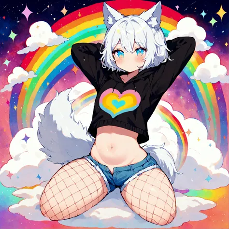 a cute adult male with wolf ears, white hair, has a wolf tail, wearing a loose cropped oversized black hoodie, wearing a pair of denim short shorts and fishnet stockings, thick thighs, wide hips, relaxing on mound of fluffy multi colored kawaii plushies, s...