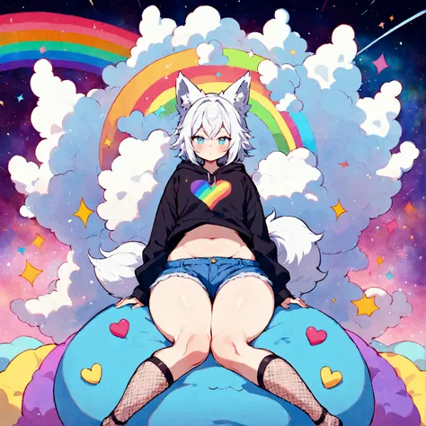 a cute adult male with wolf ears, white hair, has a wolf tail, wearing a loose cropped oversized black hoodie, wearing a pair of denim short shorts and fishnet stockings, thick thighs, wide hips, relaxing on mound of fluffy multi colored kawaii plushies, s...