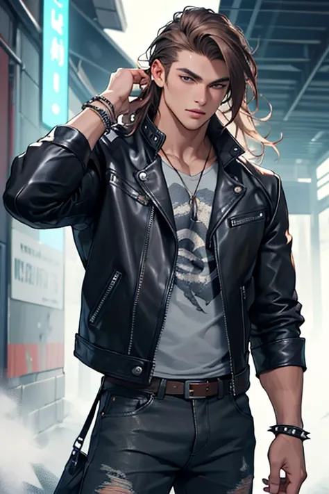 ((best quality)), ((masterpiece)), (detailed), metalhead guy with long silky hair, leather jacket, and spikes bracelet 