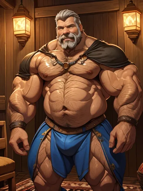 A burly, virile, and hairy dwarf, exuding the irresistible charm of a himbo muscle daddy. His middle-aged features, adorned by a long, bushy beard and a thick mustache, reveal a life of experience and adventure. His body, sculpted  into a warriors build an...