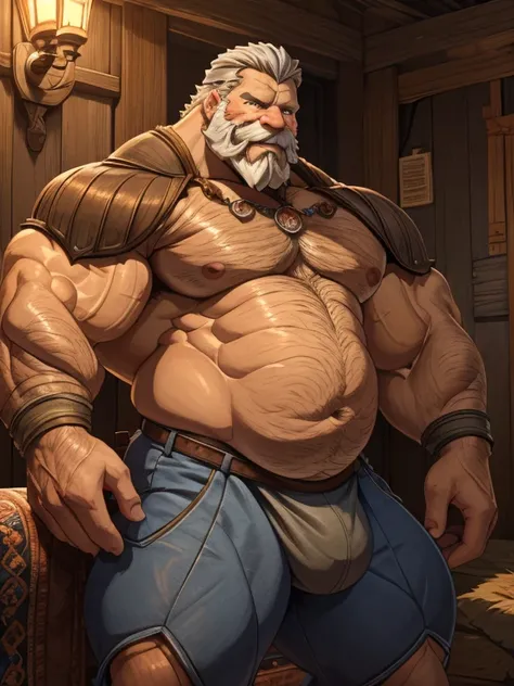 A burly, virile, and hairy dwarf, exuding the irresistible charm of a himbo muscle daddy. His middle-aged features, adorned by a long, bushy beard and a thick mustache, reveal a life of experience and adventure. His body, sculpted  into a warriors build an...