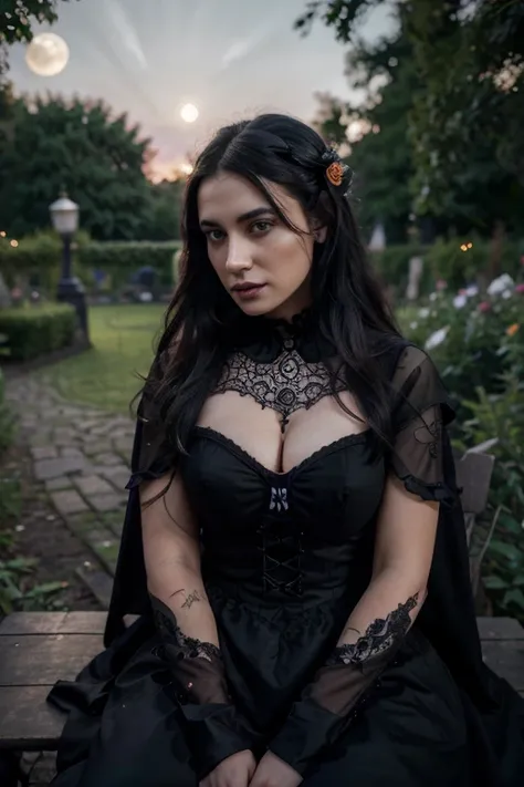 a beautiful woman with black hair wearing a gothic dress, sitting on a garden bench under a full moon at night, detailed face, (best quality,4k,8k,highres,masterpiece:1.2),ultra-detailed,(realistic,photorealistic,photo-realistic:1.37),HDR,UHD,studio lighti...