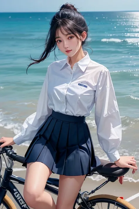 32k，Complex，Very detailed，Digital photography，Black Hair Semi-Long、Wear a white collared button-up shirt、Wear a navy blue short box pleated skirt、Ride a big bike、Ride along the coastline、Japanese 