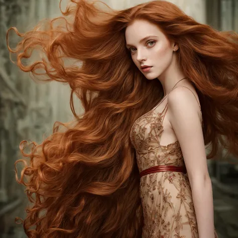 fine art photography, analog photo a waist-length portrait, a woman with long hair wearing a sexy dress),(long ginger red curly ...