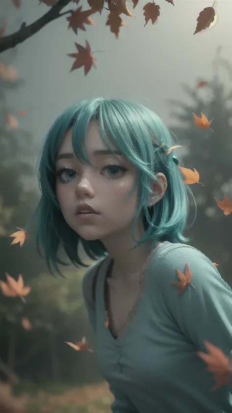 (High Detail:1.2) Anime Girl, (Cinematic Lighting, Delicate Colors), (Falling Leaves:1.2), Lighting Calm, Wind, Fog. Turquoise, delta tones.