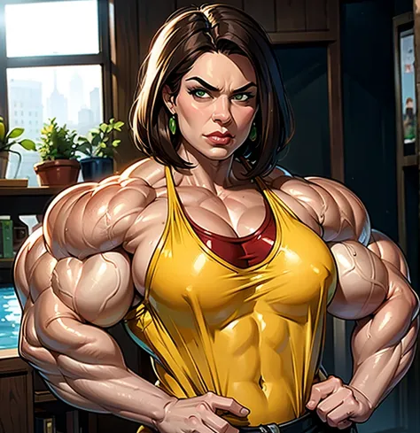 muscle woman with brunette hair, woman with huge muscles, mature woman, stern expression, green eyes