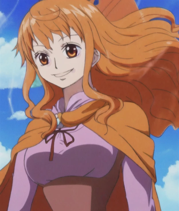 nami, long_hair, breasts, looking_at_viewer, smile, orange_hair, orange_eyes, medium_breasts, long_sleeves, dress, closed_mouth, cape, floating_hair, magic, cloud, air, casting