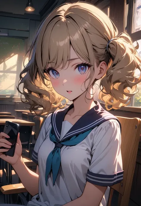 (Extremely detailed CG unity 8k wallpaper,masterpiece, best quality, Extremely detailed),School classroom settings,Sunlight through the trees,Beautiful blond high school girl with twin ponytails and curly hair(D cup),Smartphone in hand,Play with it,Thin an...