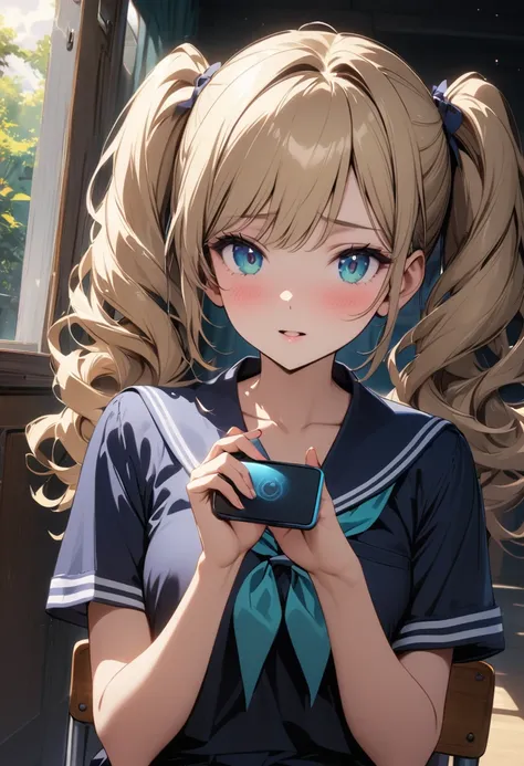 (Extremely detailed CG unity 8k wallpaper,masterpiece, best quality, Extremely detailed),School classroom settings,Sunlight through the trees,Beautiful blond high school girl with twin ponytails and curly hair(D cup),Smartphone in hand,Play with it,Thin an...