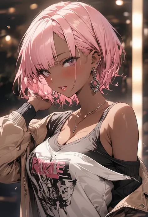 ((highest quality)), ((masterpiece)), (detailed), High resolution、Perfect Face、detailedな目、Depth of written boundary、Seductive lips、Gal、(Pink Hair、Pixie Cut、Short cut)、Earrings、Cleavage、(Brown skin)、(Casual wear)