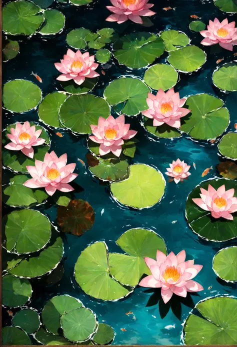 Pond surface viewed from above , There is a picture of the pond，There are lilies and fish in it, Lotus pond, photoshop water art, water art photoshop, reflective water koi pond, Koi pond, Small pond, pond, floating underwater in a lake, waterlily pond, lot...