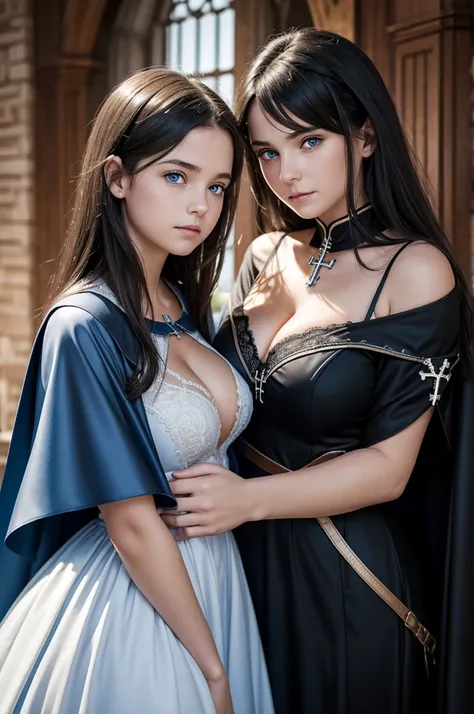 mother and daughter portrait, break: daughter teenager(1.3), 13 years old, very small breats, black hair , blue eyes, detailed face, angelical face, dress with cape, desing with christian cross, cleavage ,soft lesbian, break: mature mother, middle-age, lon...