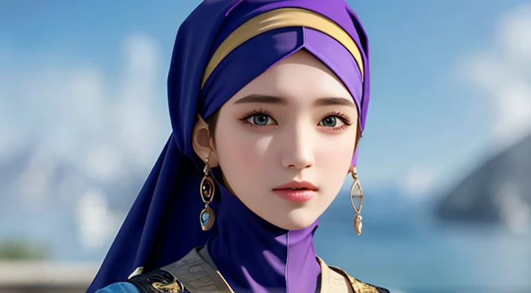 1 female, Solitary, Pretty Face, high detailed realistic eyes, Double eyelids, Highly detailed realistic students, Covers the whole body from head to waist, (Wearing a headscarf:1.2), (Muslim headscarf:1.2)