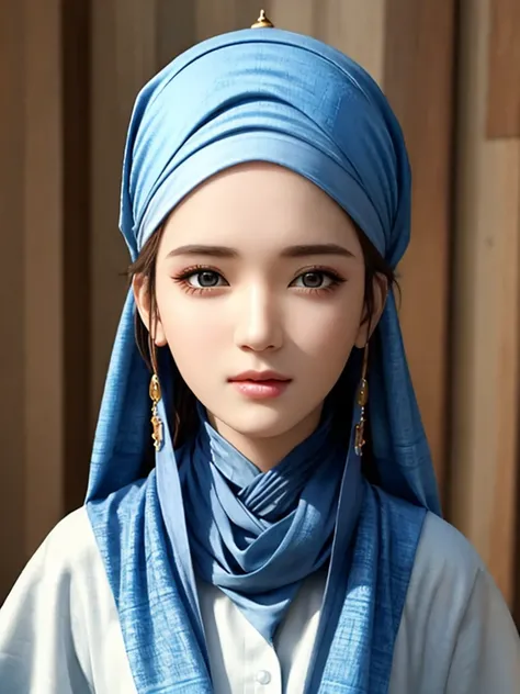 1 female, Solitary, Pretty Face, high detailed realistic eyes, Double eyelids, Highly detailed realistic students, Covers the whole body from head to waist, (Wearing a headscarf:1.2), (Muslim headscarf:1.2)