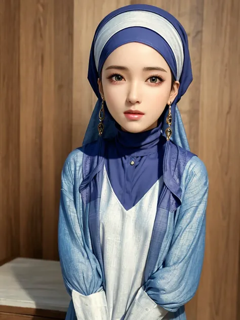 1 female, Solitary, Pretty Face, high detailed realistic eyes, Double eyelids, Highly detailed realistic students, Covers the whole body from head to waist, (Wearing a headscarf:1.2), (Muslim headscarf:1.2)