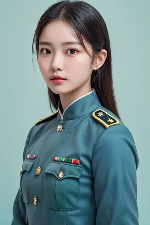 Highly realistic photo, ((masterpiece), (best quality), (raw photo), (photorealistic:1.4), Vietnamese pretty girl, Portrait of a Vietnamese soldier, wearing green army uniform , ((light blue background)) , photo taken by Sony A7IV