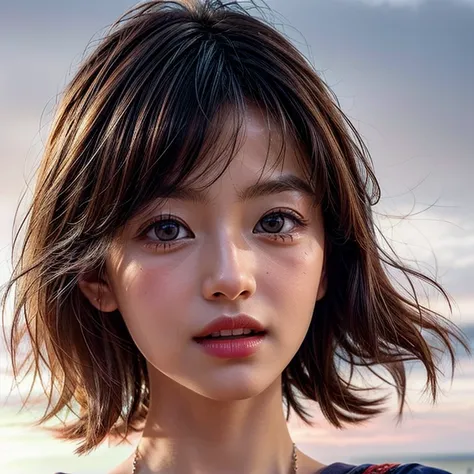 (Acutance:0.85), (Masterpiece Ultra-detailed RAW photorealistic:1.37), Tiny girl、Tropical Beach、evening、Stroll along the beach、(Gazing at the colorful sunset)、(Orange rays illuminating face, close-up:1.4), Gust of wind . (((Extremely detailed NOGIZAKA face...