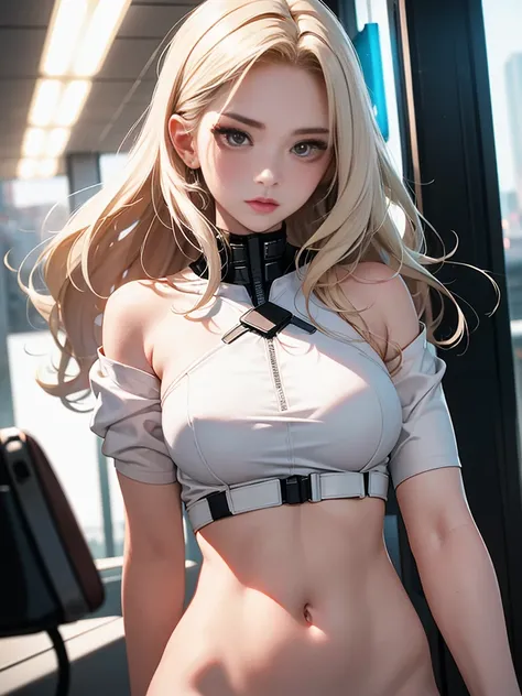 optimal，masterpiece，High resolution，Best quality，Ultra HD，Super Detail，The award-winning，16K，solo，（Upper part of the body），Anatomically correct，Beautiful cyberpunk girl，cute face，，Beige Gradient Hair，hairline，（（Scarlet eyes）），Long eyelashes，Drooping corner...